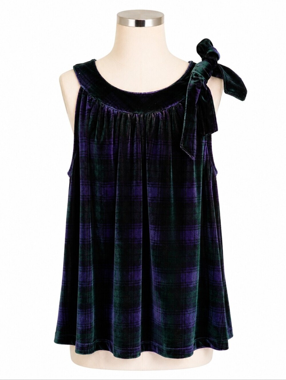Vineyard Vines Plaid Velvet Halter Blouse Top Womens S Tie Shoulder Green Purple